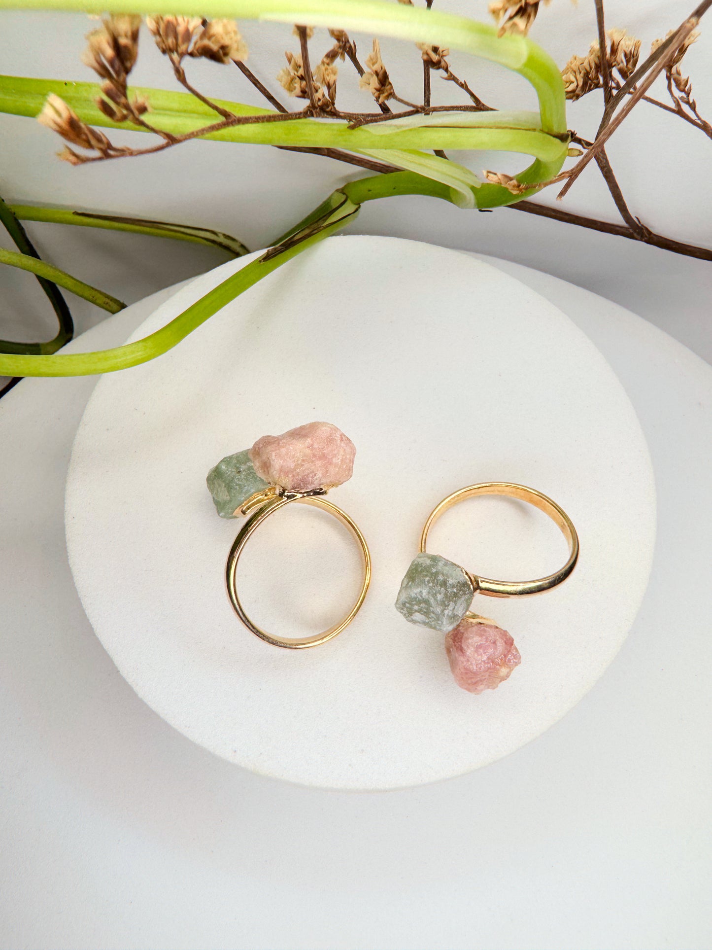 Anel meteoro - Quartzo verde e Turmalina rosa