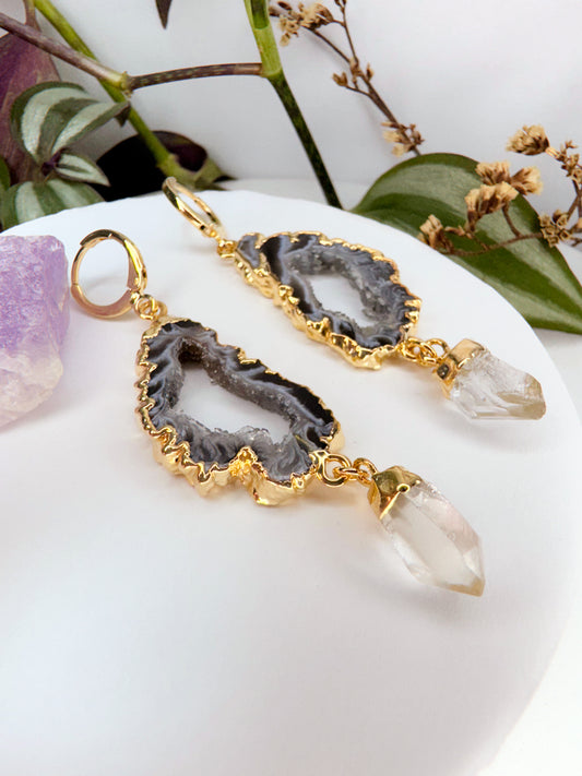 Brinco Universo - Ágata + Quartzo de cristal