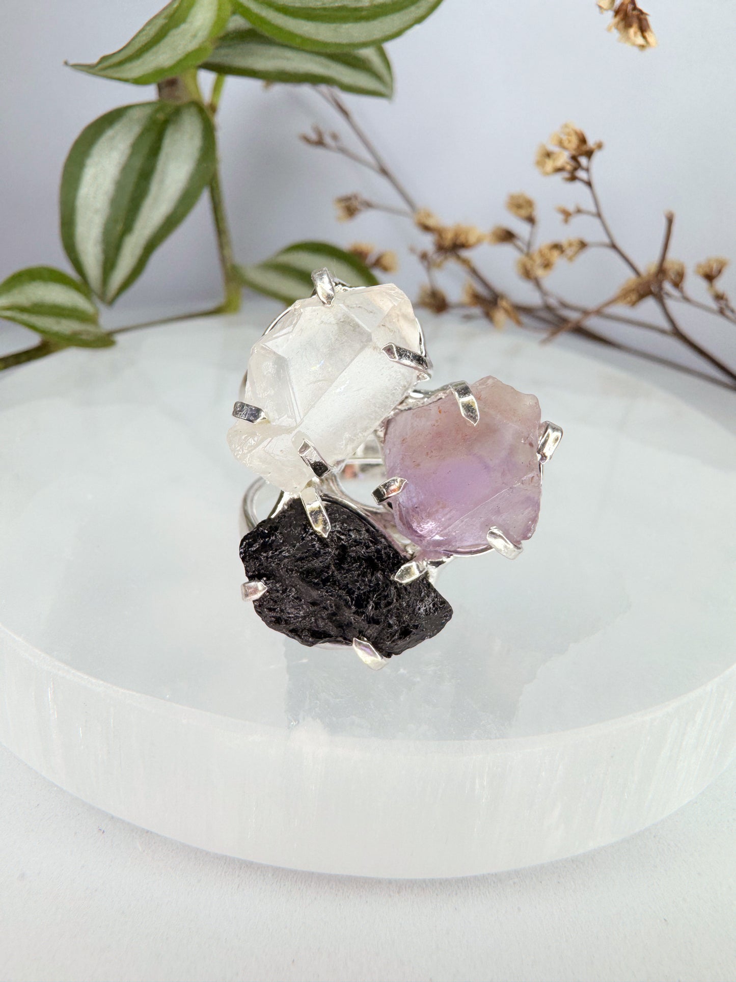 Anel Tríplice - Ametista, Turmalina Preta e Quartzo de cristal