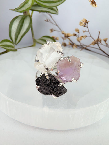 Anel Tríplice - Ametista, Turmalina Preta e Quartzo de cristal