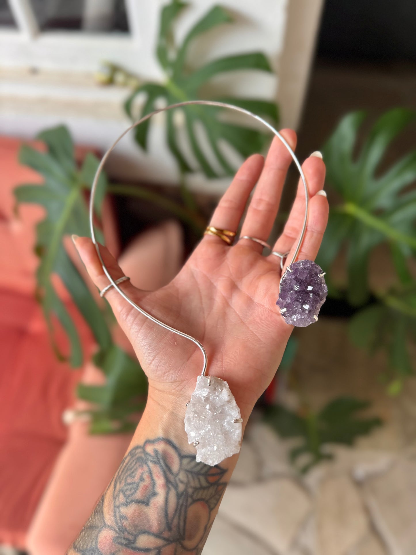 Choker Espaço - Drusa de Ametista + Drusa de quartzo transparente