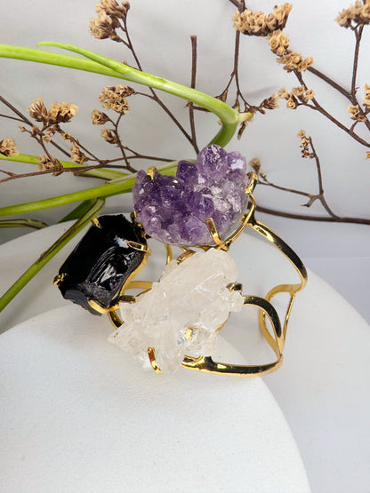 Bracelete Astro - Drusa de ametista, Drusa de cristal e obsidiana