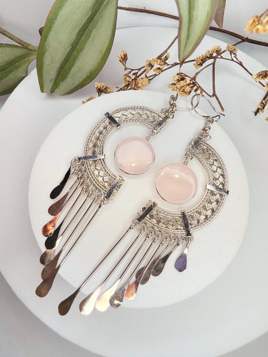 Brinco Nostalgia Aço - Quartzo rosa