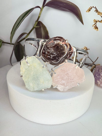 Bracelete tríplice- Agua marinha, Quartzo rosa e Granada