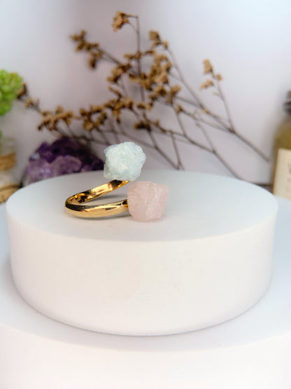 Anel meteoro - quartzo rosa + agua marinha
