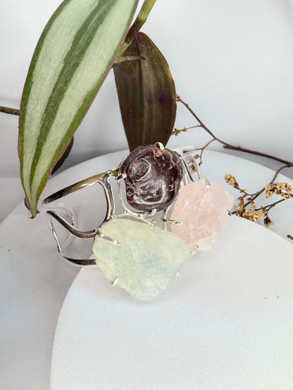 Bracelete tríplice- Agua marinha, Quartzo rosa e Granada