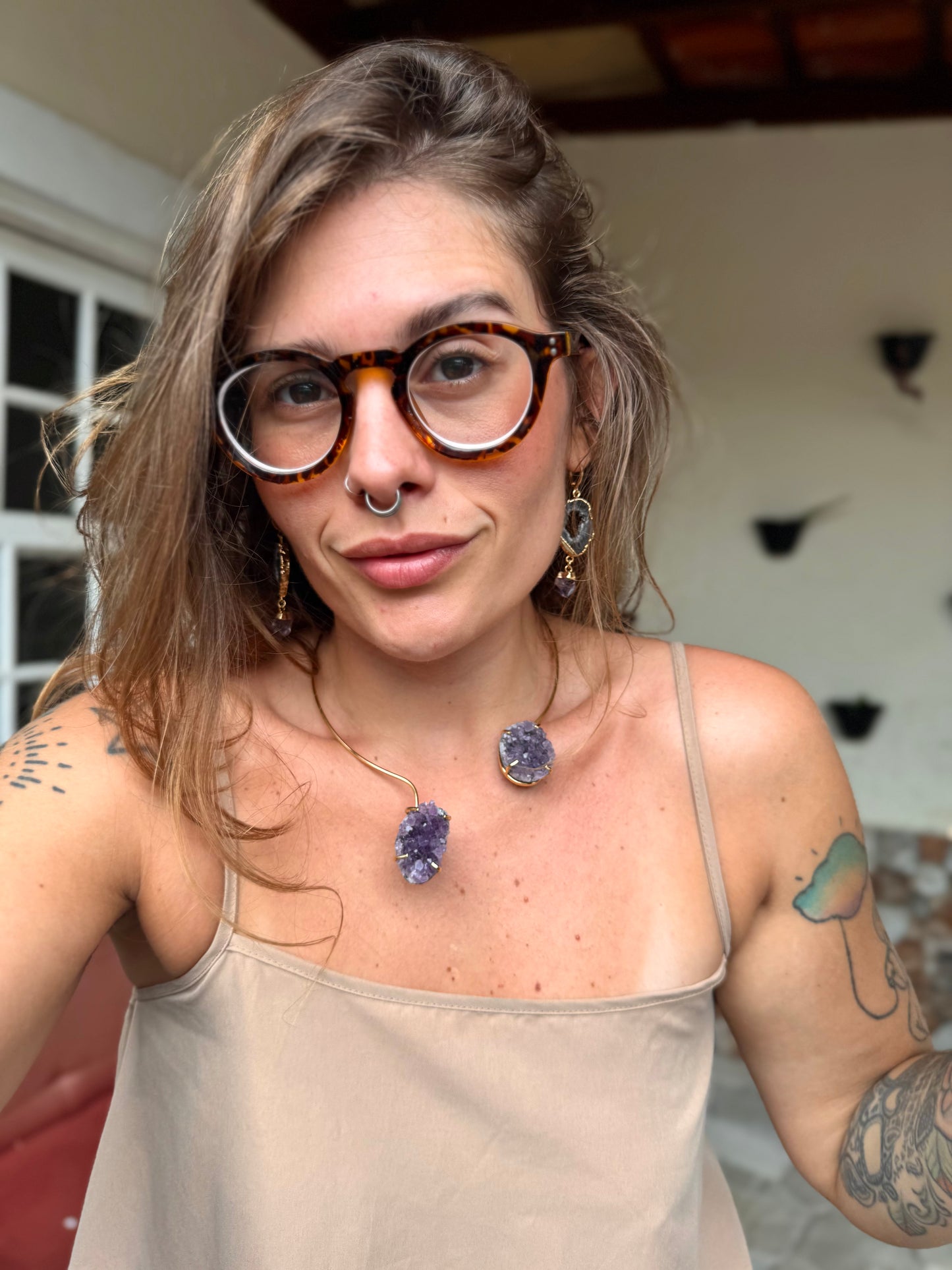 Choker Espaço - Drusa de Ametista + Drusa de quartzo transparente