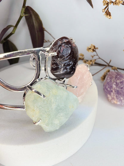 Bracelete tríplice- Agua marinha, Quartzo rosa e Granada