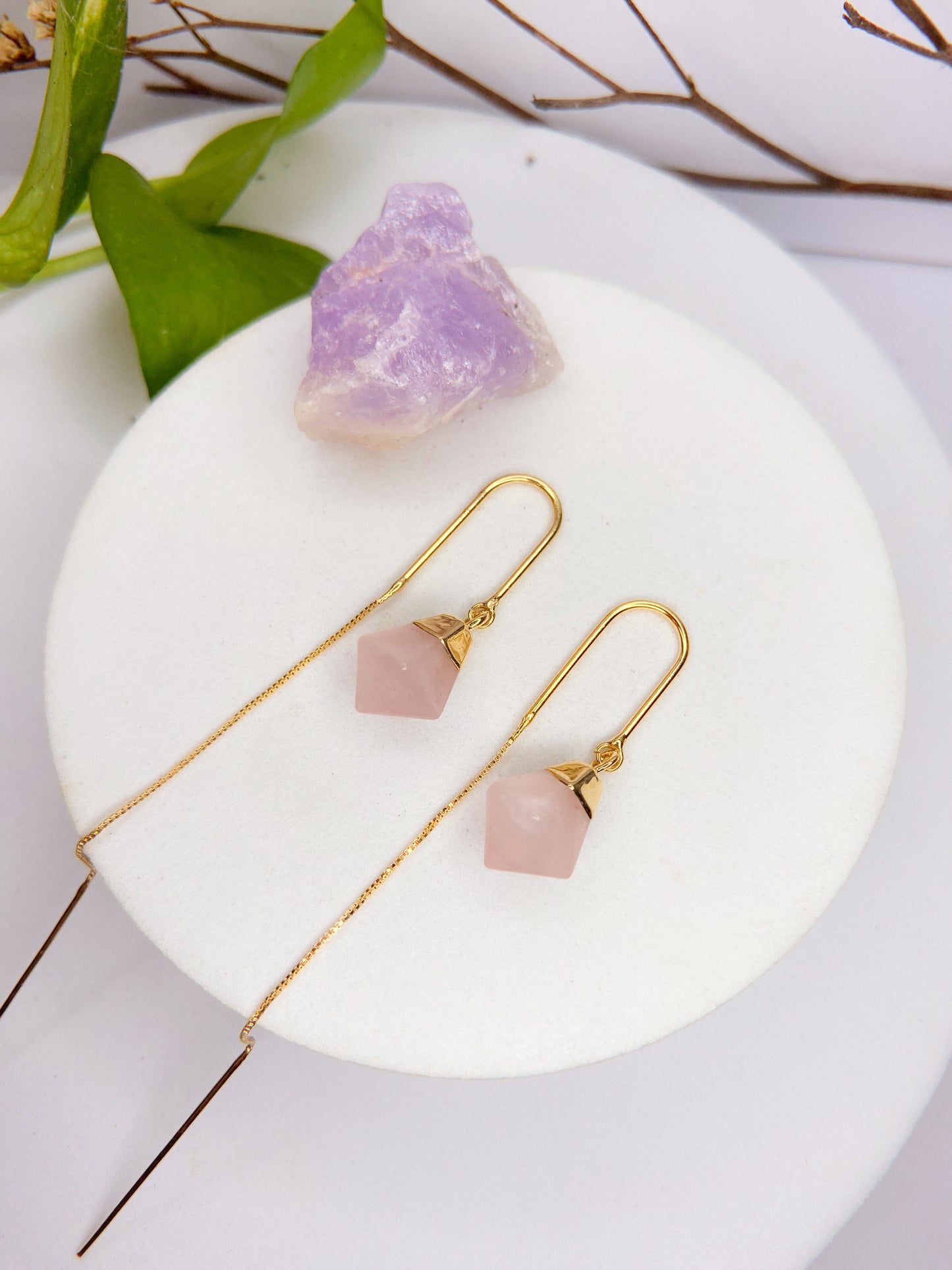 Brinco netuno - quartzo rosa lapidado