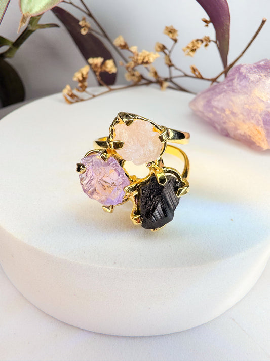 Anel Triplice - Quartzo rosa, Turmalina e Ametista