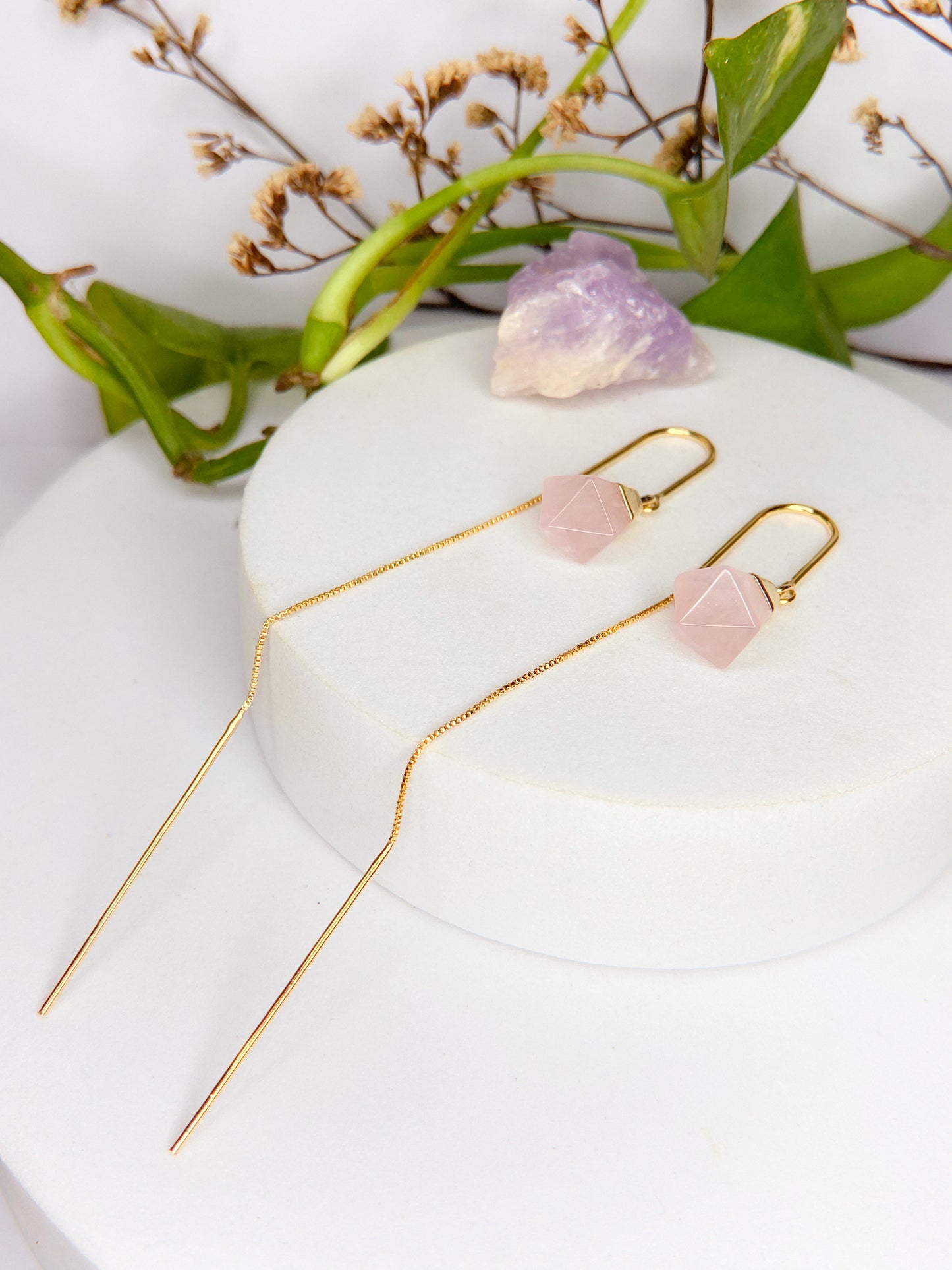 Brinco netuno - quartzo rosa lapidado