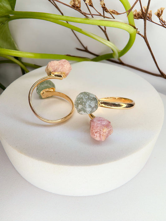 Anel meteoro - Quartzo verde e Turmalina rosa