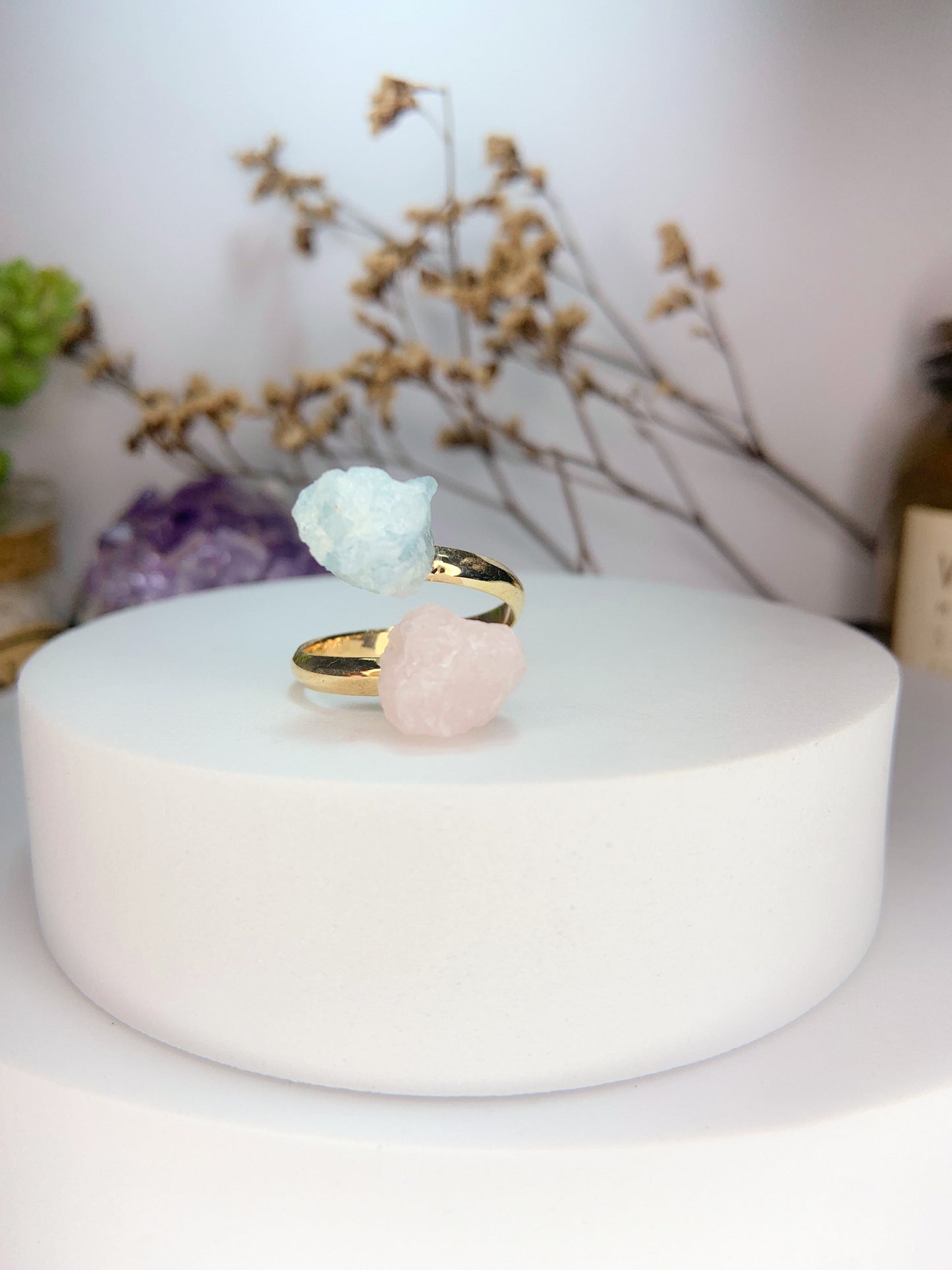 Anel meteoro - quartzo rosa + agua marinha