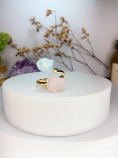 Anel meteoro - quartzo rosa + agua marinha